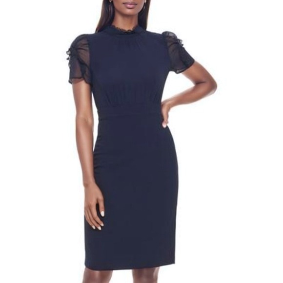 Vince Camuto Dress Womens 6 Navy Blue Signature Crepe Ruffled Casual Cocktail - Picture 1 of 8